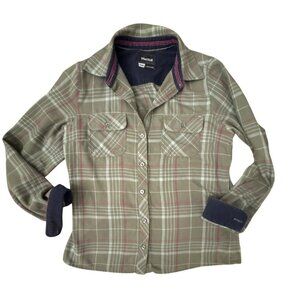 Marmot Bridget Flannel Shirt Womens Medium Green Pink Plaid Corduroy Trim Cuffs